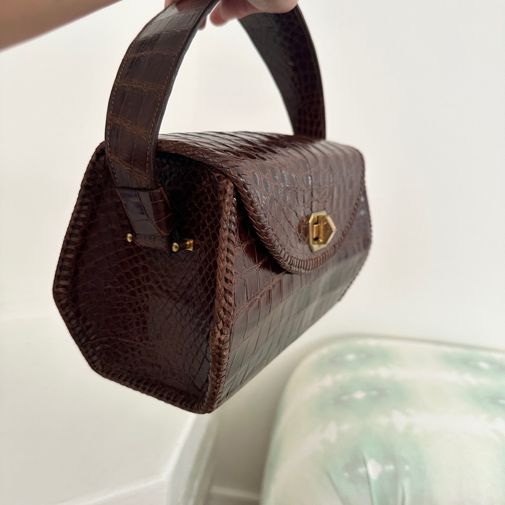 Vintage 🤎 Croc-Embossed Brown Leather Top-Handle Bag - Picture 5 of 10